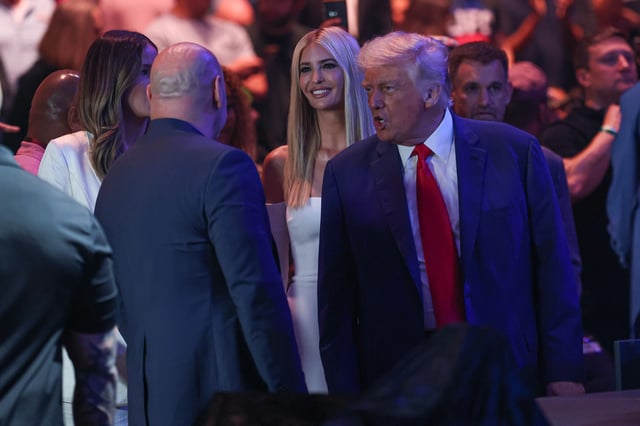CEO of the UFC Dana White and the President of the United States Donald Trump talk in front of Ivanka Trump before the Gastelum versus Pyfer fight during UFC 316 at Prudential Center on June 7, 2025 in Newark, New Jersey.