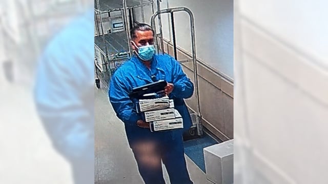 A man who the Riverside County Sheriff’s Department identified as San Jacinto resident Jason Brauner walks through Eisenhower Health in Rancho Mirage carrying medical equipment. The Sheriff’s Department said he stole skin grafts and surgical equipment from this hospital and others while impersonating employees. (Courtesy of Riverside County Sheriff’s Department)