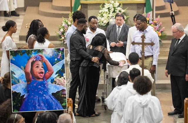 Mother of River Wilson (inset), Ima Wilson, touches her daughter’s casket along with her husband, Ifiok Wilson, during their daughter’s funeral at St. Helena Roman Catholic Church Wednesday, Aug. 13, 2025 in the Bronx. (Barry Williams/ New York Daily News)