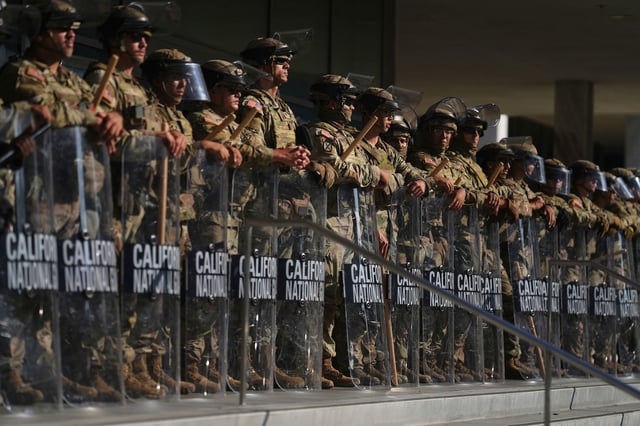 California National Guard members are positioned at the Federal Building in downtown Los Angeles on June 10.