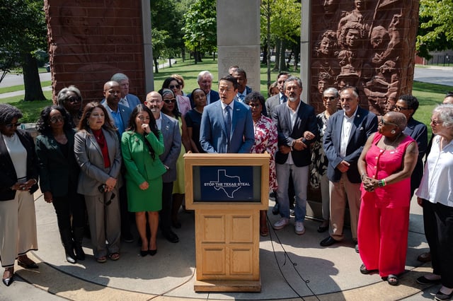 Texas House Democratic Caucus Chair Gene Wu speaks during a press conference at the Dr. Martin Luther King Jr. Memorial in Chicago's Marquette Park on August 13, 2025.