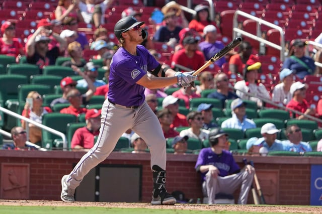 Hunter Goodman, de los Rockies de Colorado, observa el viaje de la pelota en su cuadrangular de dos carreras durante la novena entrada del juego de béisbol de Grandes Ligas, el miércoles 13 de agosto de 2025, en San Luis. (AP Foto/Jeff Roberson)