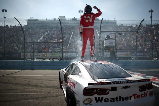 Shane Van Gisbergen, driver of the #88 WeatherTech Chevrolet, celebrates after winning the NASCAR Cup Series Go Bowling at The Glen at Watkins Glen International on August 10, 2025 in Watkins Glen, New York