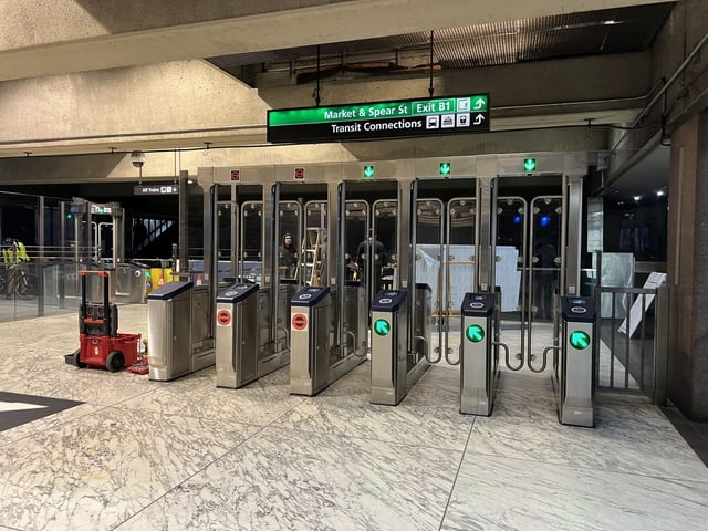 FILE: Fare evasion turnstiles at the Embarcadero BART Station in San Francisco in February 2025.