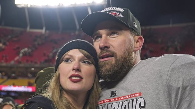 Taylor Swift and Travis Kelce after the Kansas City Chiefs won the Super Bowl in 2024. 