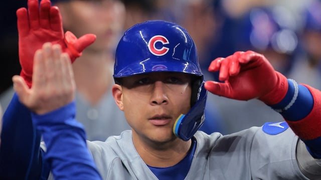 Chicago Cubs catcher Miguel Amaya .
