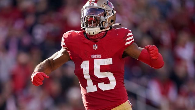 Dec 8, 2024; Santa Clara, California, USA; San Francisco 49ers wide receiver Jauan Jennings (15) celebrates after catching a pass for a touchdown against the Chicago Bears in the second quarter at Levi&#39;s Stadium. Mandatory Credit: Cary Edmondson-Imagn Images