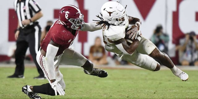 Sep 9, 2023; Tuscaloosa, Alabama, USA;  Alabama defensive back Jaylen Key makes a tackle on Texas Longhorns running back Jonathon Brooks (24) at Bryant-Denny Stadium. Texas defeated Alabama 34-24. Mandatory Credit: Gary Cosby Jr. -USA TODAY Sports