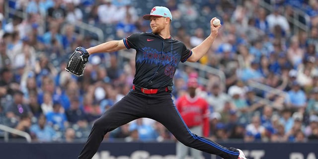 Jul 4, 2025; Toronto, Ontario, CAN; Toronto Blue Jays pitcher Eric Lauer (56) throws a pitch against the Los Angeles Angels during the first inning at Rogers Centre. Mandatory Credit: Nick Turchiaro-Imagn Images