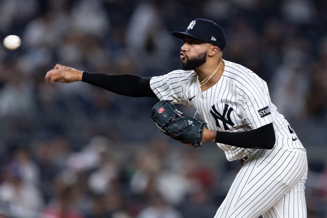 NEW YORK, NEW YORK - JUNE 03: Devin Williams #38 of the New York Yankees throws a pitch during the ninth inning of the game against the Cleveland Guardians at Yankee Stadium on June 03, 2025 in New York City.