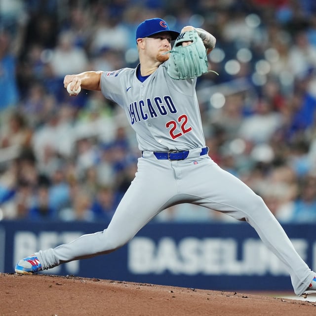 Chicago Cubs pitcher Cade Horton (22) works against the Blue Jays during the first inning of a Major League Baseball game in Toronto on Wednesday, August 13, 2025. THE CANADIAN PRESS/Nathan Denette