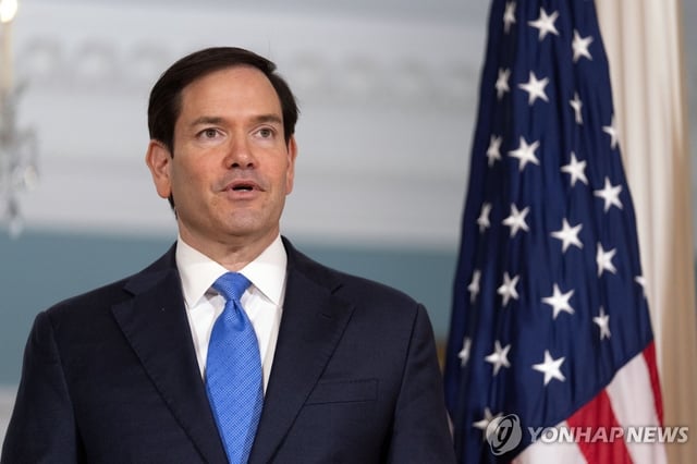 U.S. Secretary of State Marco Rubio answers a reporter's question ahead of a meeting with Serbian Foreign Minister Marko Djuric at the State Department in Washington on Aug. 6, 2025, in this photo released by the Associated Press. (Yonhap)