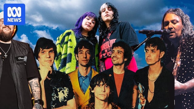 Collage of acts playing Adelaide's Harvest Rock 2025 lineup. 