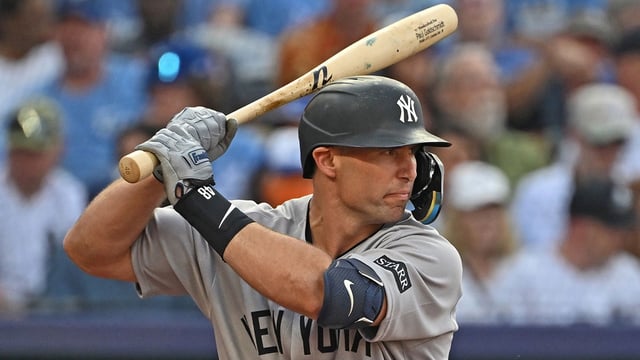 Jun 10, 2025; Kansas City, Missouri, USA; New York Yankees first baseman Paul Goldschmidt (48) at bat in the second inning against the Kansas City Royals at Kauffman Stadium. Mandatory Credit: Peter Aiken-Imagn Images