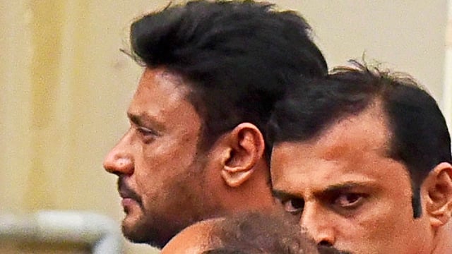 Kannada actor Darshan Thugadeepa being taken to a hospital for medical check up, Bengaluru on June 11, 2024. 