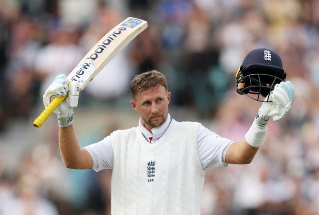 England's Joe Root celebrates after reaching his century in the fifth test against India at the Oval, London, in August 2025.  Action Images via Reuters/Paul Childs/File Photo