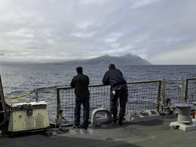 The United States destroyer USS Carl M. Levin conducts operations in the North Pacific Ocean on August 12, 2025.
