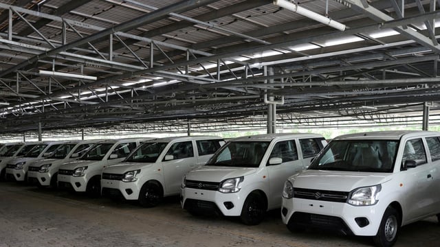 WagonR hatchbacks are seen parked at the manufacturing plant of Maruti Suzuki in Manesar. India's largest carmaker continues to restrict new car dispatches to dealerships amid a slump in demand and a rise in unsold inventory.