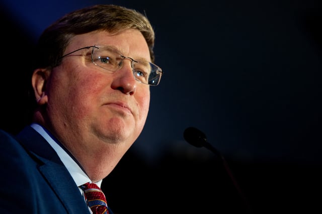 Republican Governor Tate Reeves speaks to supporters during an election night watch party at The Refuge Hotel &amp; Conference Center on November 07, 2023 in Flowood, Mississippi.