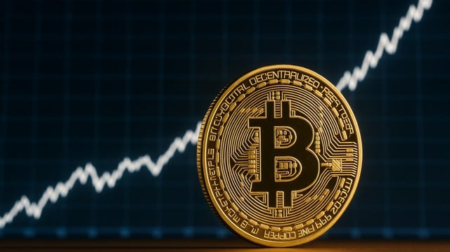 Bitcoin-Münze vor einem steigenden Aktienkurs