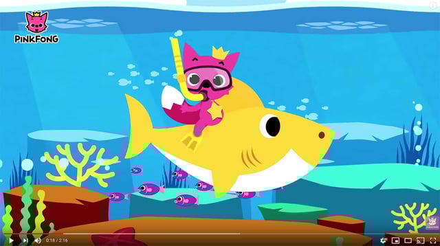 Baby Shark with Pinkfong's mascot The Pink Fox, also named "Pinkfong," frequently appears in their videos.