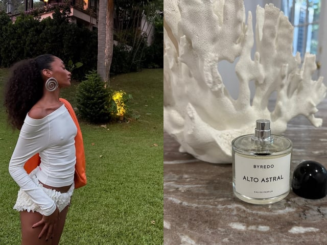Photo collage of a woman on vacation and Byredo's Alto Astral perfume