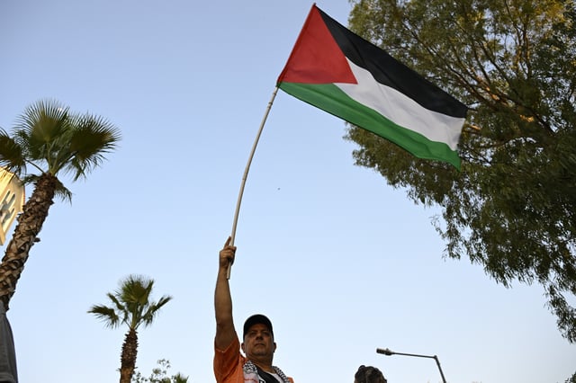 A protester waves a Palestinian flag during a rally to protest the arrival of a cruise ship with Israelis, in Piraeus port, Greece, Thursday, Aug. 14, 2025. (AP Photo/Michael Varaklas)
