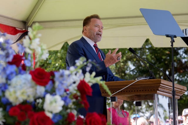 Former California Gov. Arnold Schwarzenegger speaks at a naturalization ceremony for new American citizens, at George Washington's Mount Vernon in in Alexandria, Virginia, on July 4.