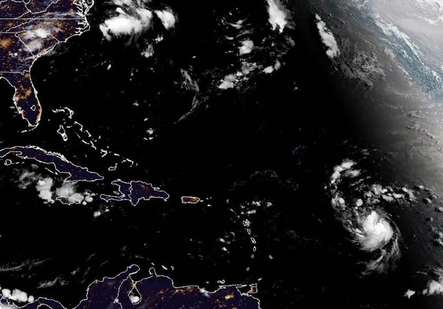 This satellite image shows Tropical Storm Erin in the Atlantic on Thursday morning, Aug. 14, 2025. (NOAA/GOES-East)