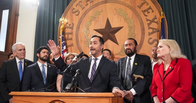U.S. Reps. Lloyd Doggett and Greg Casar, both of Austin (left), listen as Joaquin Castro, D-San Antonio speaks during a press conference with Texas Democratic leaders  at the Texas Capitol on July 31, 2025. Doggett and Casar could face each other in a primary under the new congressional redistricting maps drawn by the Texas Legislature at Pres. Trump's prompting.