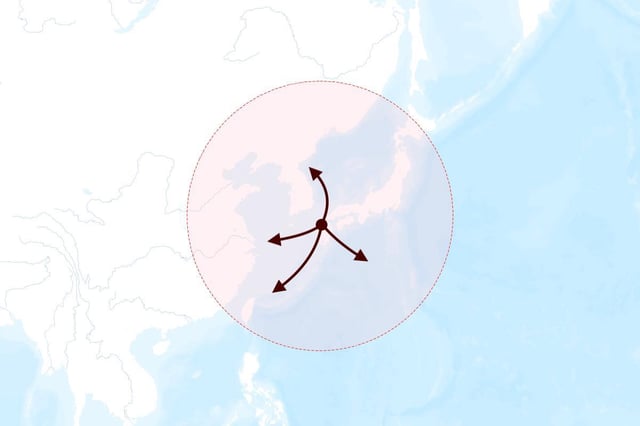 A map shows the 990-mile range of Japan&#39;s V-22 Osprey fleet stationed at JGSDF Camp Saga in the southwestern Saga prefecture.