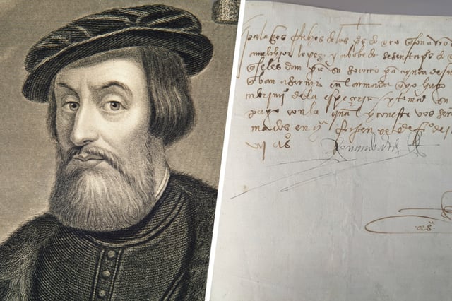 Composite image
LEFT: Engraving of Hernando Cortez by W. Holl (Photo by Chris Hellier/Corbis via Getty Images)
RIGHT: This image provided by the FBI shows the front of a letter by Spanish conquistador Hernán Cortés from Feb. 20, 1527, that was returned to the government of Mexico on Aug. 13, 2025, by the FBI. (FBI via AP)
