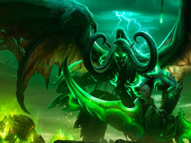 Illidan from World of Warcraft stands ready for battle, warglaives in hand, as infernal golems stomp in the background.