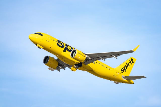 A Spirit Airlines Airbus A320-271N takes off from Los Angeles International Airport on January 24, 2025 in Los Angeles, California.