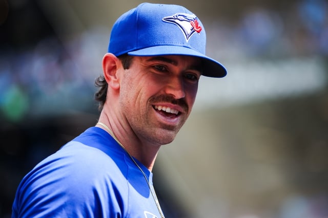 TORONTO, CANADA - AUGUST 2: Shane Bieber #57 of the Toronto Blue Jays smiles ahead of their MLB game against the Kansas City Royals at Rogers Centre on August 2, 2025 in Toronto, Ontario, Canada. (Photo by Cole Burston/Getty Images)