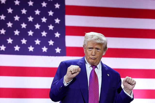 Donald Trump pictured at the Al Udeid Air Base on May 15, 2025, in Doha, Qatar. (Getty)