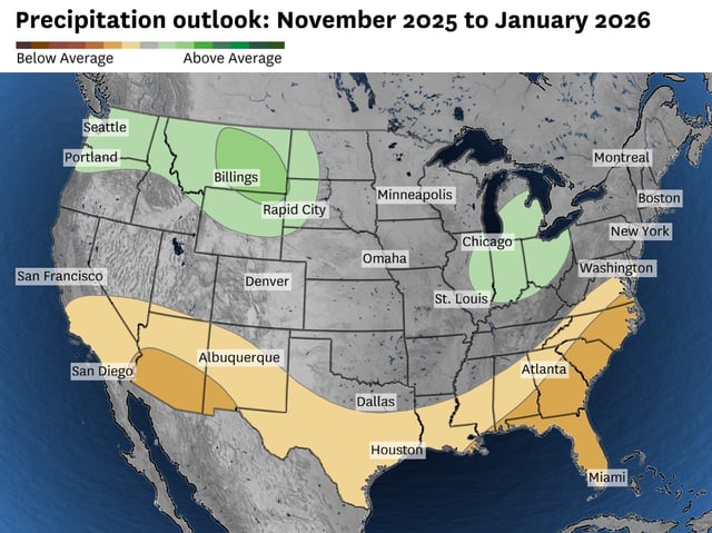 The seasonal precipitation outlook for November, December and January forecasts drier than average conditions across the southern tier of the United States. The outlook was issued July 17.