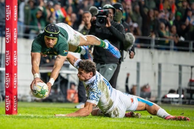 GQEBERHA, SOUTH AFRICA - JULY 12: The try that was not allowed by Edwill van der Merwe of the Springboks during the 2025 Castle Lager Incoming Series match between South Africa and Italy at Nelson Mandela Bay Stadium on July 12, 2025 in Gqeberha, South Africa. (Photo by Anton Geyser/Gallo Images)