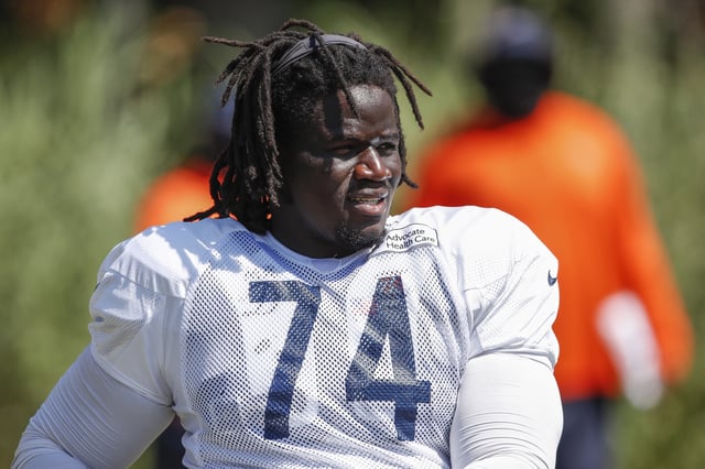 Aug 22, 2020; Lake Forest, Illinois, USA; Chicago Bears offensive tackle Germain Ifedi (74) warms up during training camp at Halas Hall. Mandatory Credit: Kamil Krzaczynski-USA TODAY Sports/File Photo
