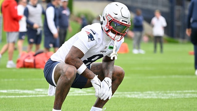 Jun 9, 2025; Foxborough, MA, USA; New England Patriots wide receiver Stefon Diggs (8) stretches during minicamp at Gillette Stadium. Mandatory Credit: Eric Canha-Imagn Images