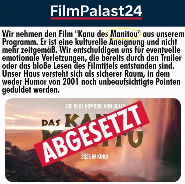 Screenshot des Statements zur angeblichen Absetzung des Films, gelbe Hervorhebung von AFP hinzugefügt: 14. August 2025