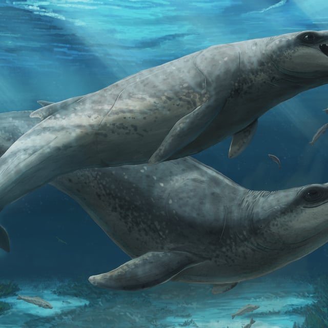An illustration of a Janjucetus dullardi calf with its mother in shallow waters off Australia 26 million years ago. 
