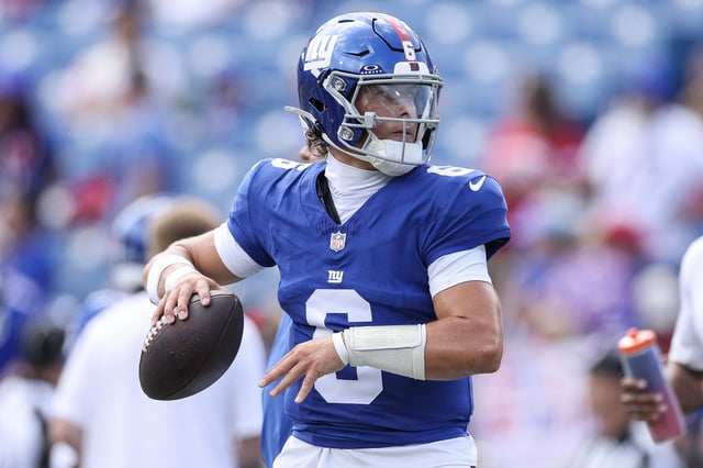 Jaxson Dart #6 of the New York Giants throws a pass prior to an NFL Preseason 2025 game between New York Giants and Buffalo Bills at Highmark Stadium on August 09, 2025 in Orchard Park, New York.