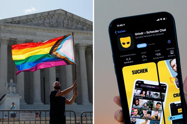 L: Same-sex marriage supporter Vin Testa, of Washington, DC, waves a LGBTQIA pride flag in front of the U.S. Supreme Court Building on June 26, 2023 in Washington, DC. R: 26 January 2021, Berlin: A woman shows the Grindr app in Apple&#39;s App Store on an iPhone 12 Pro Max.