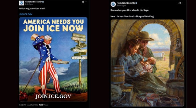 Two social media posts from the Department of Homeland Security appear to reference what some are calling neo-Nazi tropes (l-r): a reference to the antisemitic book "Which Way, Western Man?" and the use of a double-capitalized "HH" that is common online shorthand for "Heil Hitler." Both posts include nostalgic imagery. (Screenshots)