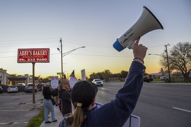 Local supporters line up outside the closed doors of Abby&#39;s Bakery in Los Fresnos, Texas, Feb. 24, 2025, days after the owners were arrested and accused of harboring unauthorized workers.