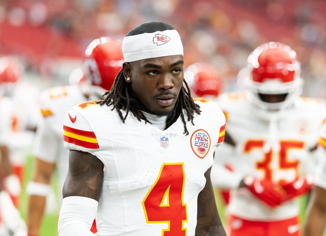 Aug 9, 2025; Glendale, Arizona, USA; Kansas City Chiefs wide receiver Rashee Rice (4) against the Arizona Cardinals during a preseason NFL game at State Farm Stadium. Mandatory Credit: Mark J. Rebilas-Imagn Images/File Photo