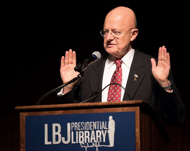 James Clapper speaking at the LBJ Library.