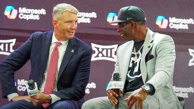 Jul 9, 2025; Frisco, TX, USA; Arizona head coach Brent Brennan and Colorado head coach Deion Sanders talk on stage during 2025 Big 12 Football Media Days at The Star. Mandatory Credit: Raymond Carlin III-Imagn Images