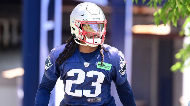 Jun 10, 2024; Foxborough, MA, USA; New England Patriots safety Kyle Dugger (23) walks to the practice fields for minicamp at Gillette Stadium. Mandatory Credit: Eric Canha-Imagn Images